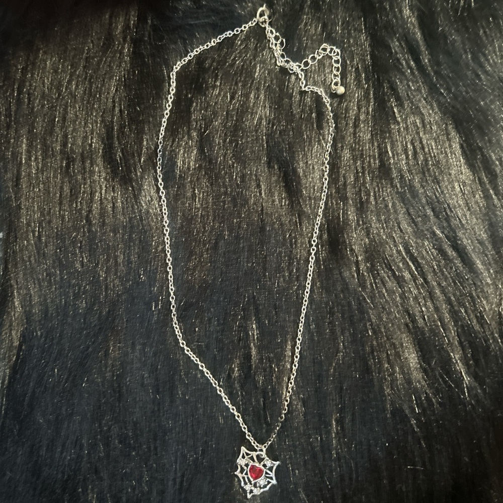 Silver Spider Web Necklace with Red Gem